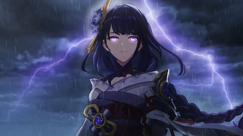 Purple Eyes Shogun In Lightning Sky Background Baal Raiden Shogun, HD wallpaper
