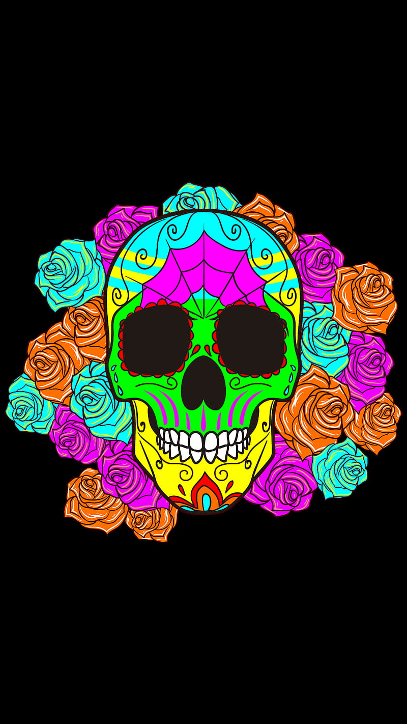 Skull Colors, neon, muertos, deads, diademuertos, flowers, calavera, flowers, halloween, HD phone wallpaper