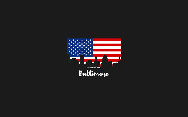 Baltimore, American cities, Baltimore silhouette skyline, USA flag, Baltimore cityscape, American flag, USA, Baltimore skyline, HD wallpaper