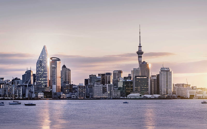 Auckland, Sky Tower, observation tower, evening, sunset, modern buildings, skyscrapers, Auckland cityscape, skyline, New Zealand, HD wallpaper