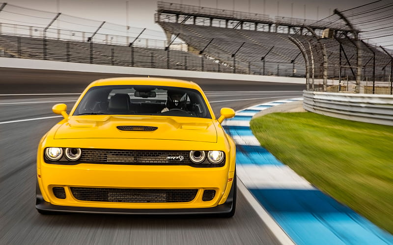 Dodge Challenger SRT Hellcat, raceway, 2018 cars, supercars, yellow Challenger, tuning, Dodge, HD wallpaper