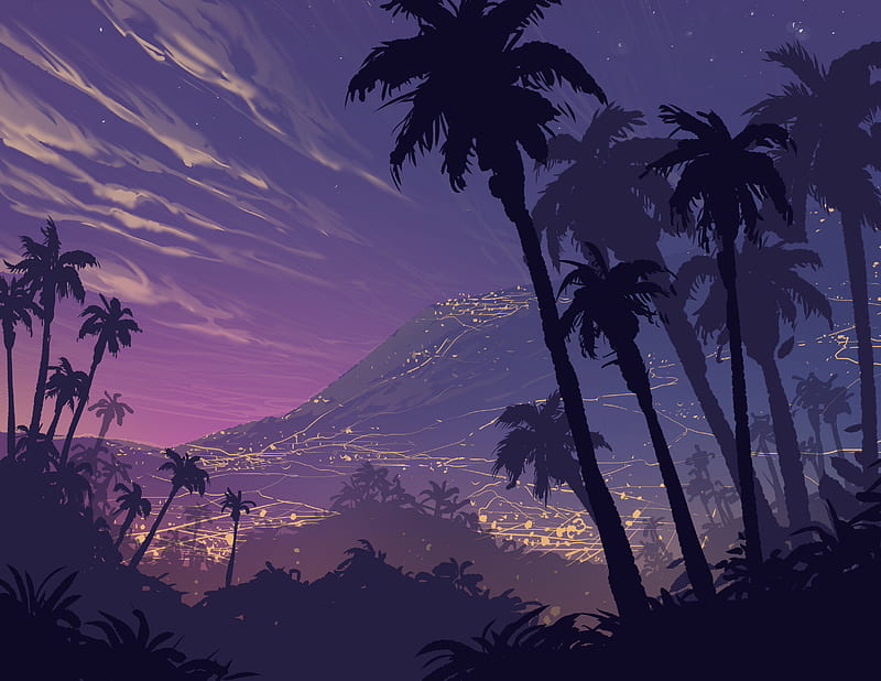 palm trees, art, night, mountains, landscape, shadows, HD wallpaper