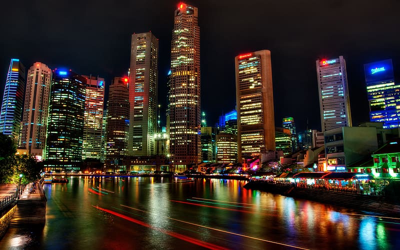 Night, Light, Singapore, River, HD wallpaper