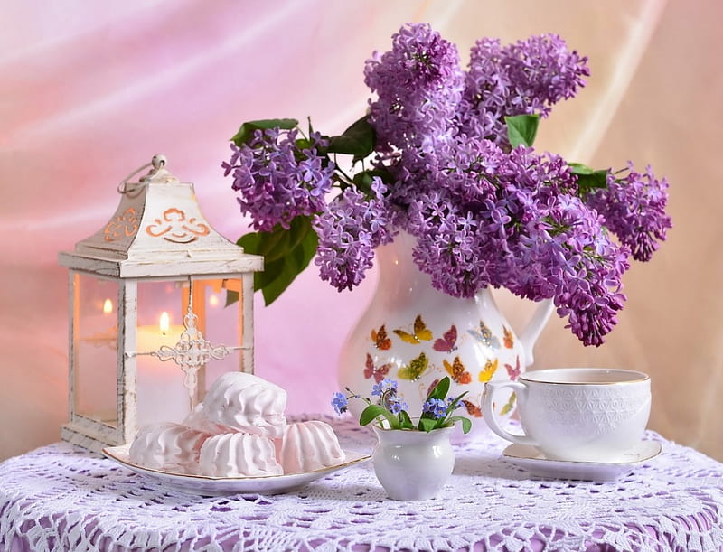 Purple lilac, lilac, candle, table, colorful, colors, vase, tea, coffee, purple, cup, flowers, drink, nature, cakes, white, HD wallpaper