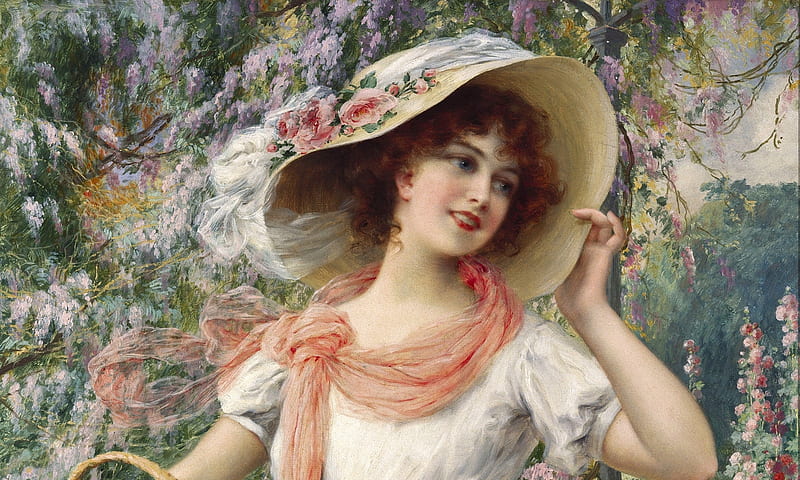 Elegant lady, art, girl, painting, pink, pictura, lady, emile vernon, hat, scarf, HD wallpaper