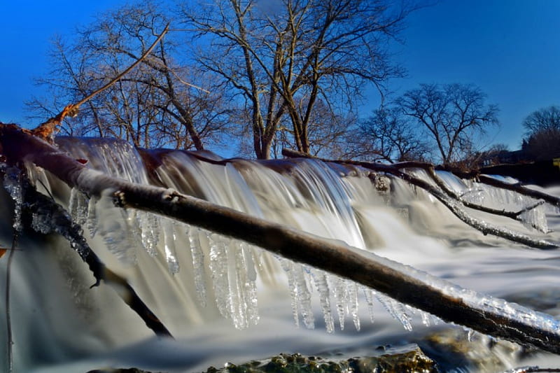 Frigid Winter Falls, winter falls, winter pond, icy falls, icy pond, HD wallpaper