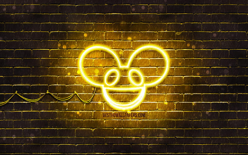Deadmau5 yellow logo superstars, canadian DJs, yellow brickwall, Deadmau5 logo, Joel Thomas Zimmerman, music stars, Deadmau5 neon logo, Deadmau5, HD wallpaper