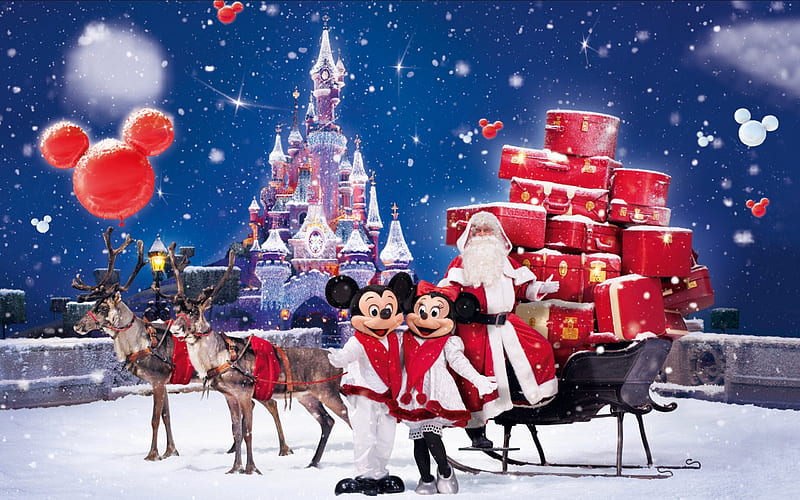 Disney Winter, Schlitten, Weihnachtsmann, Micky, Deutschland, Renntier, Schnee, Minni, HD wallpaper
