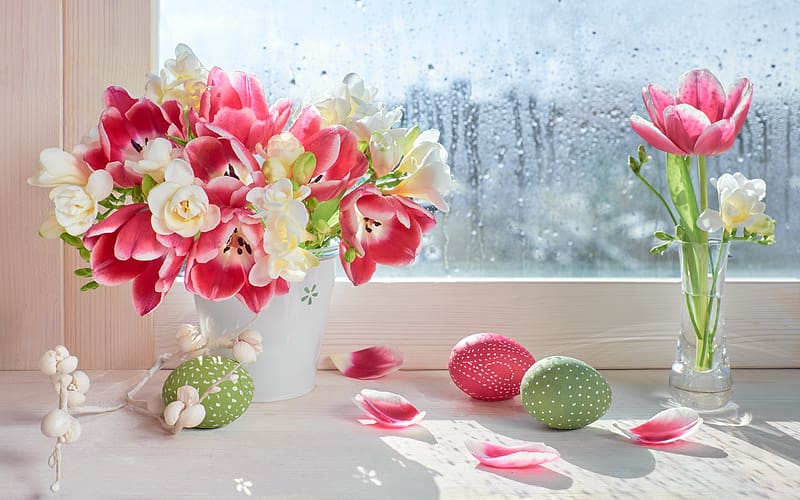 Happy Easter!, window, eggs, tulips, still life, easter, sias, HD wallpaper