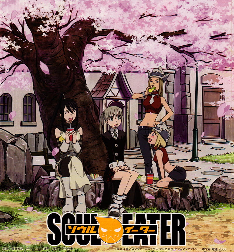 Soul Eater, anime girls, Tsubaki Nakatsukasa, Maka Albarn, Patricia Thompson, Elizabeth Thompson, cherry blossom, anime, trees, HD phone wallpaper