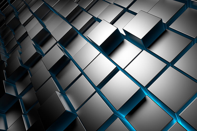 3D Cubes, metal, cubes, 3d, brick, square, chrome, HD wallpaper