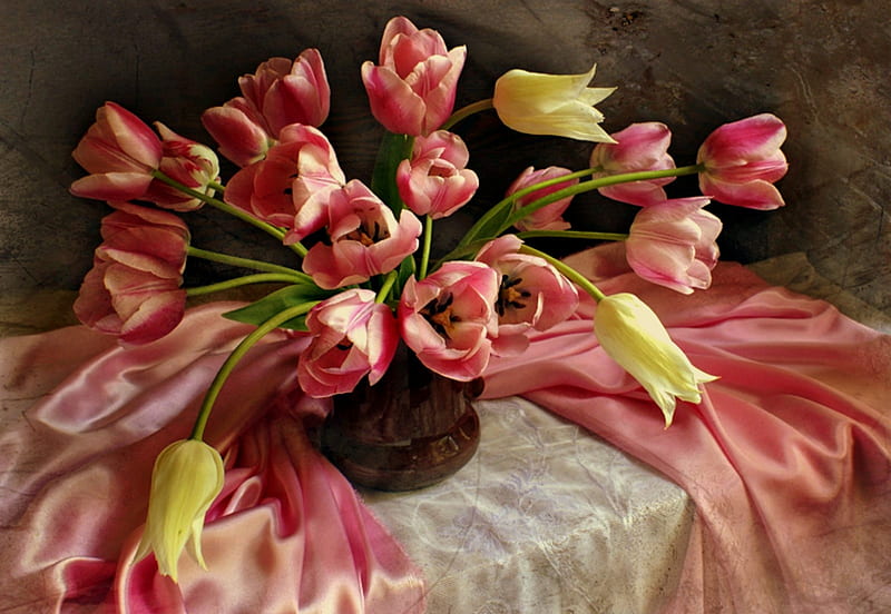 Pink For The Ladies Of DN, table, vase, white scarf, still life, pink tulips, flowers, tulips, white tulips, pink scarves, HD wallpaper