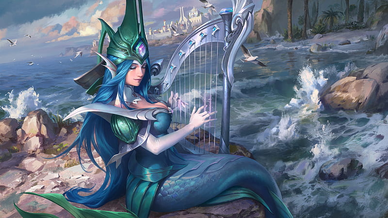 Fantasy, Mermaid, Blue Hair, Girl, Harp, Long Hair, Woman, HD wallpaper