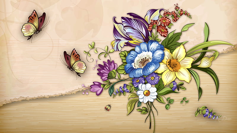 Retro Floral, butterflies, spring, retro, summer, blossoms, flowers, blooms, Firefox Persona theme, vintage, HD wallpaper