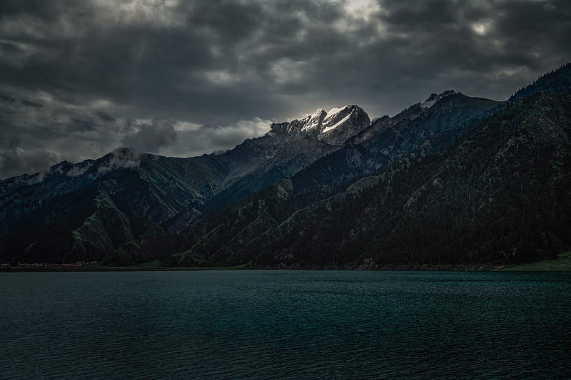 lake, mountains, clouds, shore, water, HD wallpaper