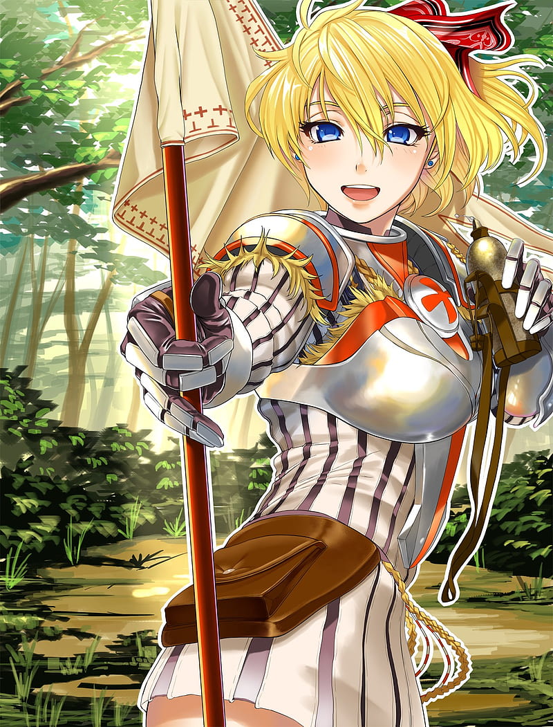 Anime Anime Girls Short Hair Blonde Blue Eyes Armor Forest Figure Hugging Armor Hd Phone