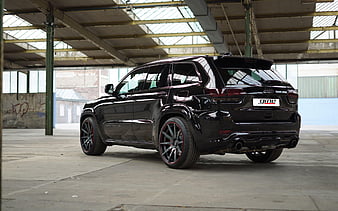 Jeep Grand Cherokee SRT, 2018 black SUV, tuning Cherokee, rear view, exterior, black wheels with red outgrowth, new black Grand Cherokee, American cars, GME Performance, Jeep, HD wallpaper