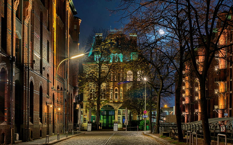 Hamburg nightscapes, street, german cities, Europe, Germany, HD wallpaper