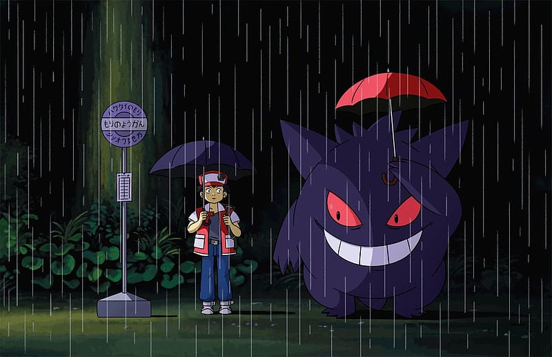 Rain, Pokémon, Umbrella, Video Game, Pokemon: Red And Blue, My Neighbor Totoro, Gengar (Pokémon), Red (Pokémon), HD wallpaper