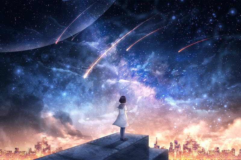 girl, starfall, space, HD wallpaper