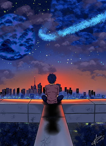 Anime Boy Alone Night Scenery 4K Phone iPhone Wallpaper #814a