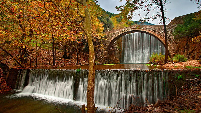 Waterfall near Trikala, Greece, river, leaves, fall, colors, cascades, bridge, trees, autumn, HD wallpaper