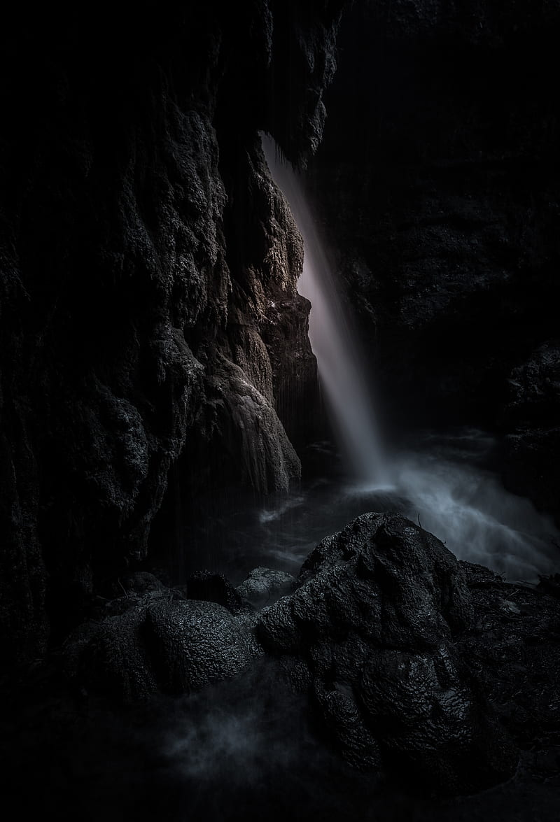waterfall, rock, cave, dark, HD phone wallpaper