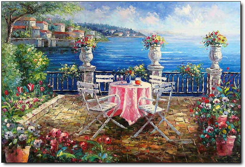 Summer Breeze, patio, table, setting, trees, sky, sea, planters, boats, water, paradise, cobblestone, chairs, flowers, villas, blue, HD wallpaper