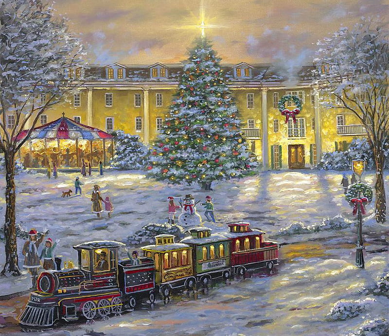 Winter Wonderland at Congress Hall, people, building, christmas tree, train, carousel, painting, trees, light, HD wallpaper