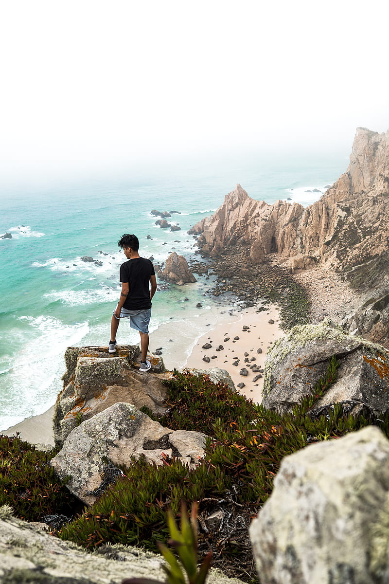 cliff, man, rocks, sea, beach, overview, HD phone wallpaper