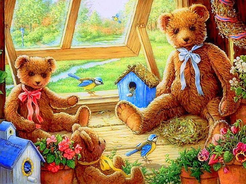 ★Garden House Tenants★, pretty, family, attractions in dreams, bonito, birdhouses, teddy bears, flowers, lovely, houses, colors, love four seasons, birds, mind teasers, creative pre-made, cute, gardens, weird things people wear, HD wallpaper
