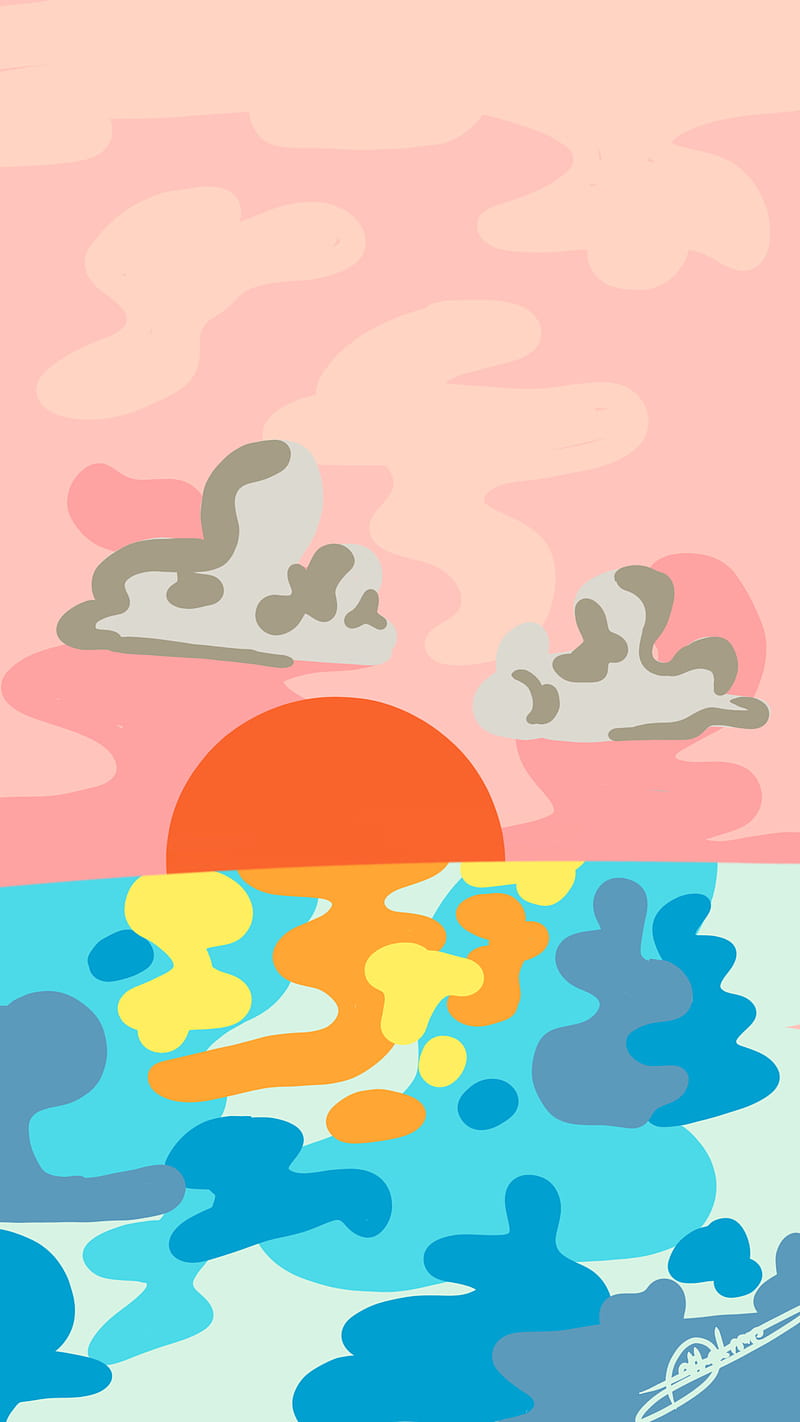 Sunset, dessin, drawing, eau, let, ocean, sea, watter, HD phone ...