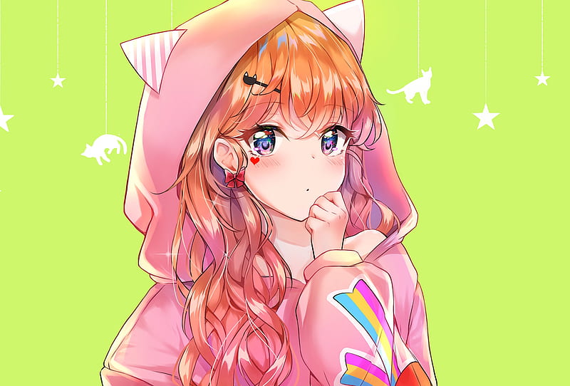 anime girl, bunny hoodie, orange hair, moe, Anime, HD wallpaper