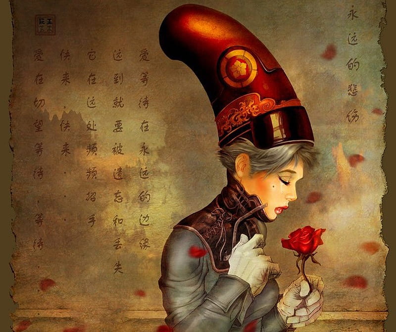 Eternal Sorrow, red, chinese, rose, girl, HD wallpaper