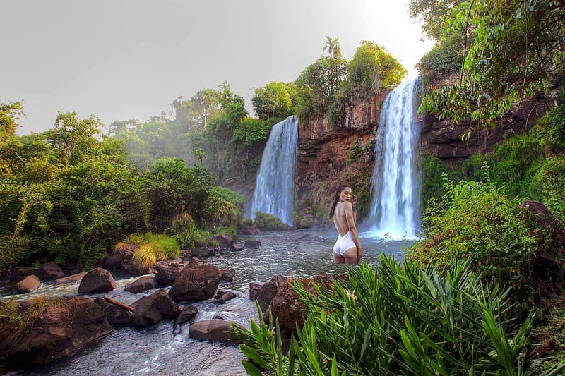 Swimsuit Model at the Iguazu Waterfalls, waterfall, swimsuit, model, brunette, brazil, HD wallpaper