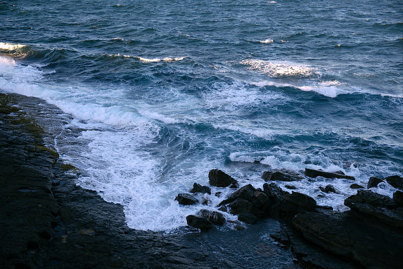 sea, waves, water, stones, shore, HD wallpaper