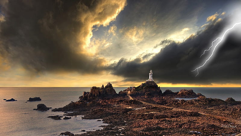 storm over lighthouse, rocks, shore, lightning, jetty, storm, lighthouse, sea, HD wallpaper