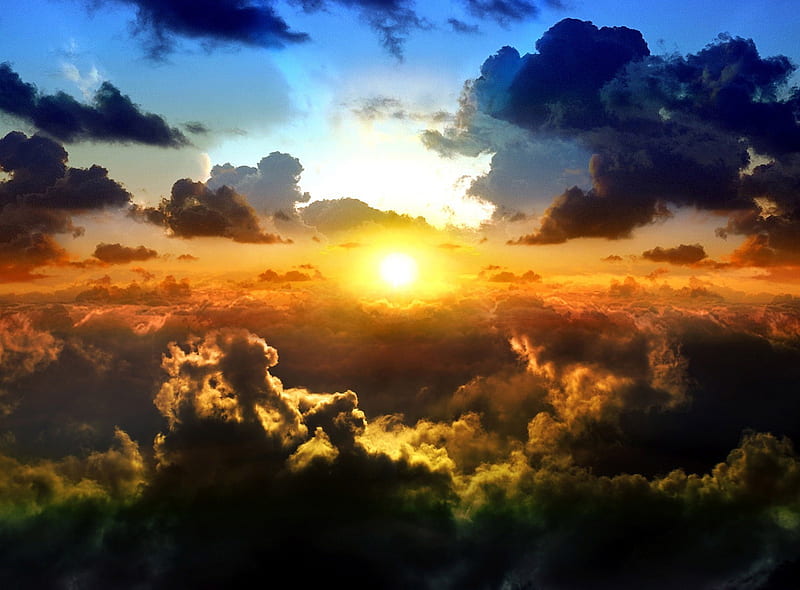 Sunset Clouds, aerial view, sun, background, clouds, afternoon, sundown, nice, skyscape, lightness, multicolor, scenario, bright, beauty, evening, paisage, sunrises, dawn, paysage, brightness, cumulus nimbus, sky, sunrays, cool, awesome, sunshine, hop, fullscreen, spectacular, colorful, special, cloudscape, bonito, carpet, graphy, sunsets, effects, scenery, light, amazing, multi-coloured, view, colors, paisagem, day, colours, nature, natural, scene, HD wallpaper