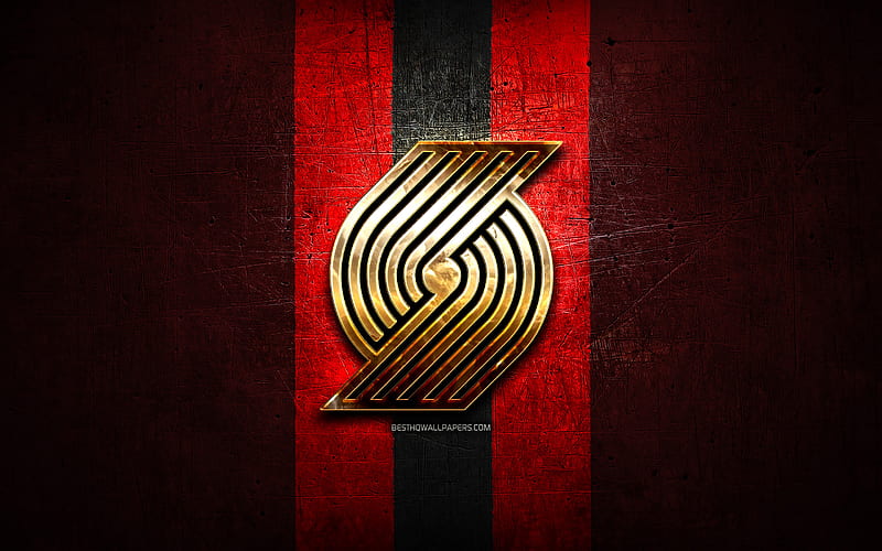 Portland Trail Blazers, golden logo, NBA, red metal background, american basketball club, Portland Trail Blazers logo, basketball, USA, HD wallpaper