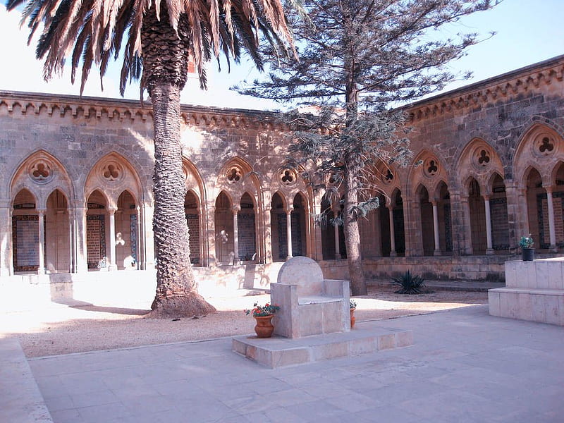 Paternoster Church Jerusalem, courtyard, columns, seat, ancient, stone, religion, church, trees, HD wallpaper