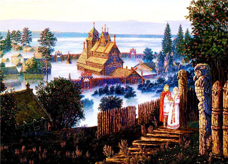 Medieval Village, king, houses, painting, trees, princess, mist, HD wallpaper