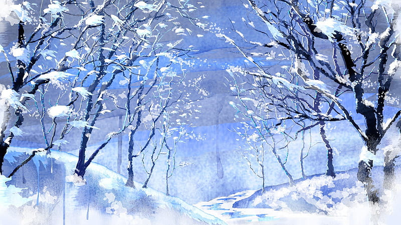 Watercolor Winter Wonderland, Christmas, breeze, northeaster, wonderland, trees, sky, winter, snowing, wind blowing, snow, painting, watercolor, blue, HD wallpaper