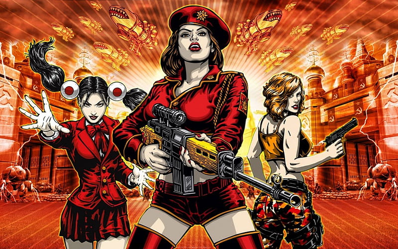 Three Girls, red, games, fantasy, red alert, cnc, girls, HD wallpaper