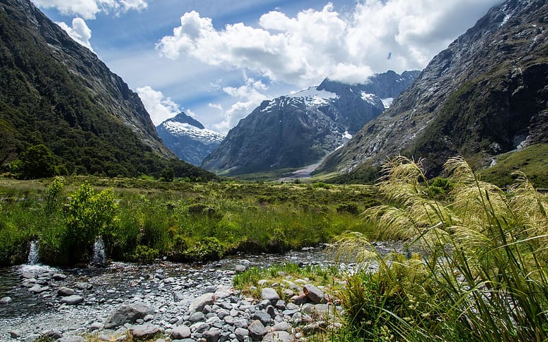 Monkey Creek, New Zealand, mountains, stones, clouds, landscape, trees, sky, HD wallpaper