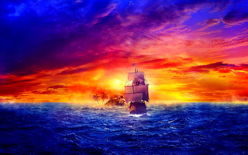 PIRATE SHIP, ship, sunset, island, sky, sea, pirate, sail, HD wallpaper