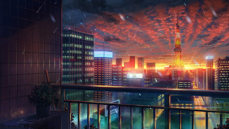 anime city, tokyo tower, sunset, buildings, clouds, Anime, HD wallpaper
