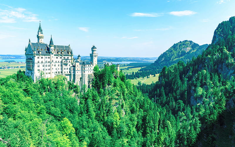 Neuschwanstein Castle, mountain landscape, beautiful castle, landmark, Romantic castle, Schloss Neuschwanstein, Hohenschwangau, Bavaria, Germany, HD wallpaper
