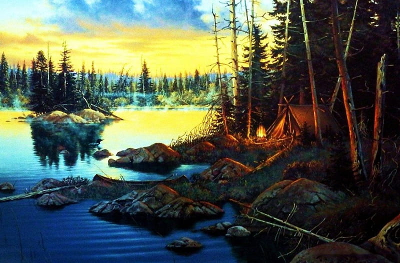 Evening Refuge, forest, painting, tent, campfire, sunset, trees, lake, artwork, HD wallpaper