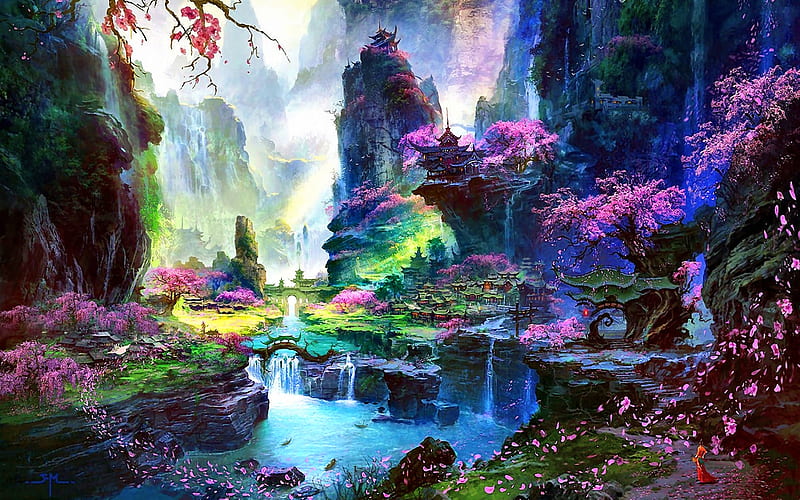 Amazing Springtime Landscape F1, art, japan, bonito, spring, canyons, illustration, lake, artwork, mountains, painting, wide screen, waterscape, HD wallpaper
