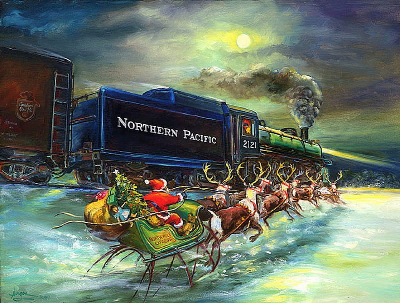 ★North Pole Express★, sleigh, holidays, christmas, trains, love four seasons, bonito, attractions in dreams, santa claus, xmas and new year, winter, greetings, paintings, reindeers, traditional art, gifts, HD wallpaper